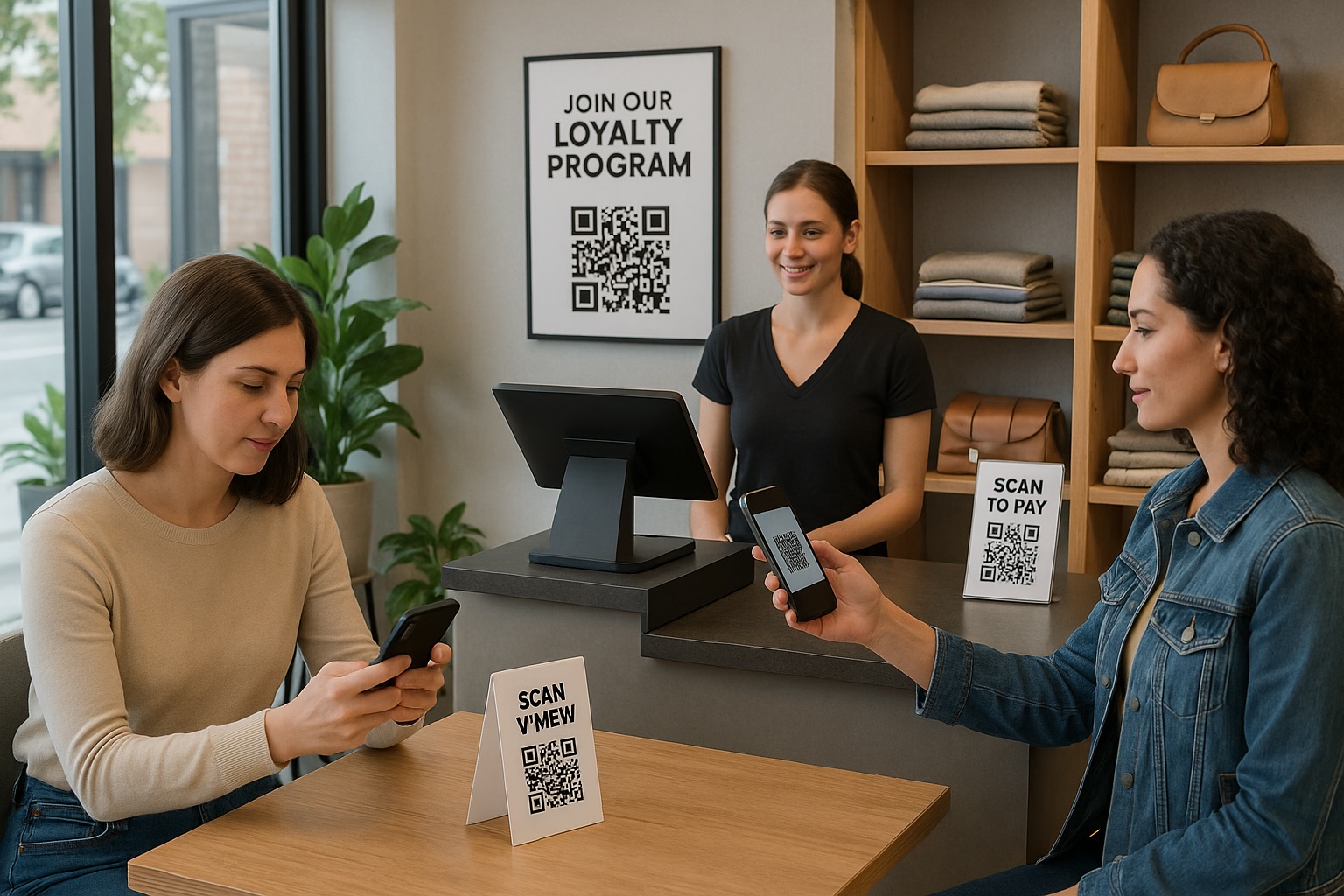 A retail or restaurant environment showing multiple QR code use cases - menu scanning, payment, loyalty program, and product information