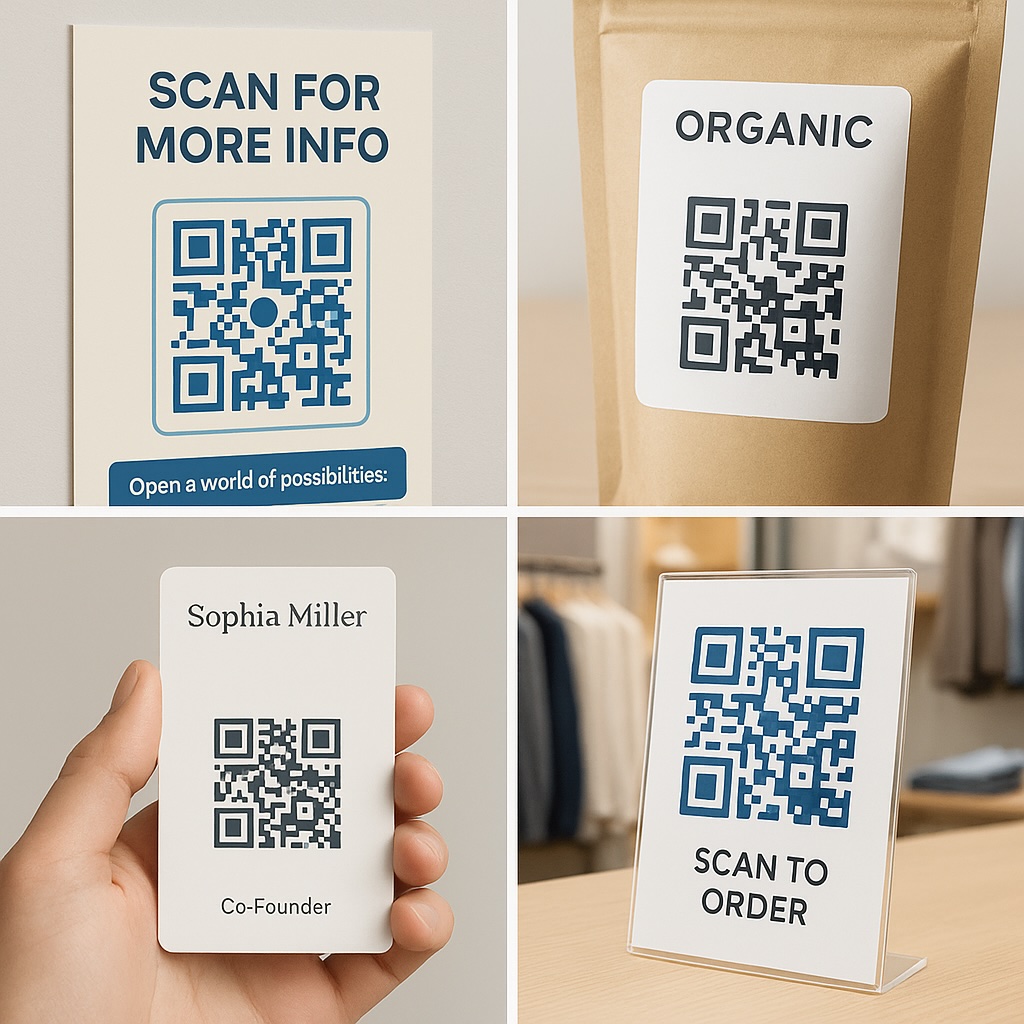 Visual showing proper QR code placement in various contexts (signage, products, print materials) with clear calls to action