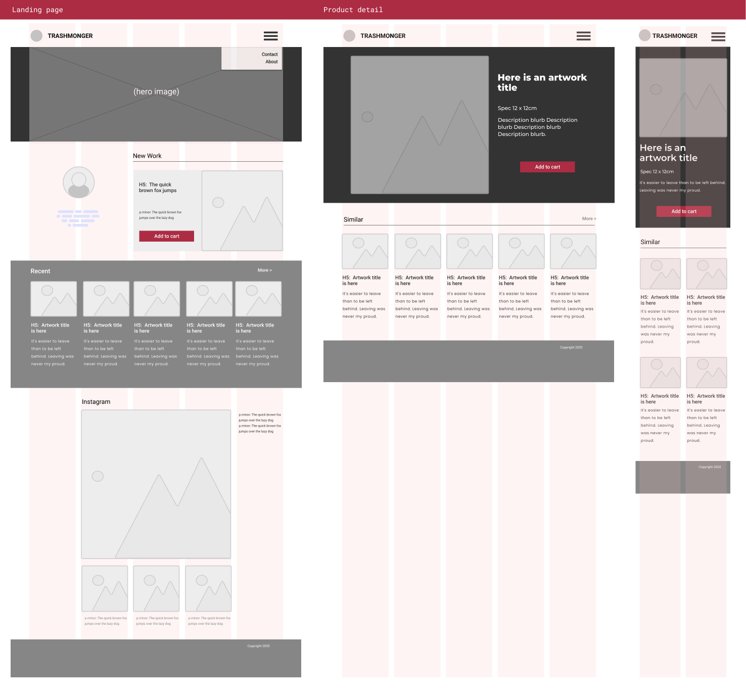 Wireframes for the landing and product pages