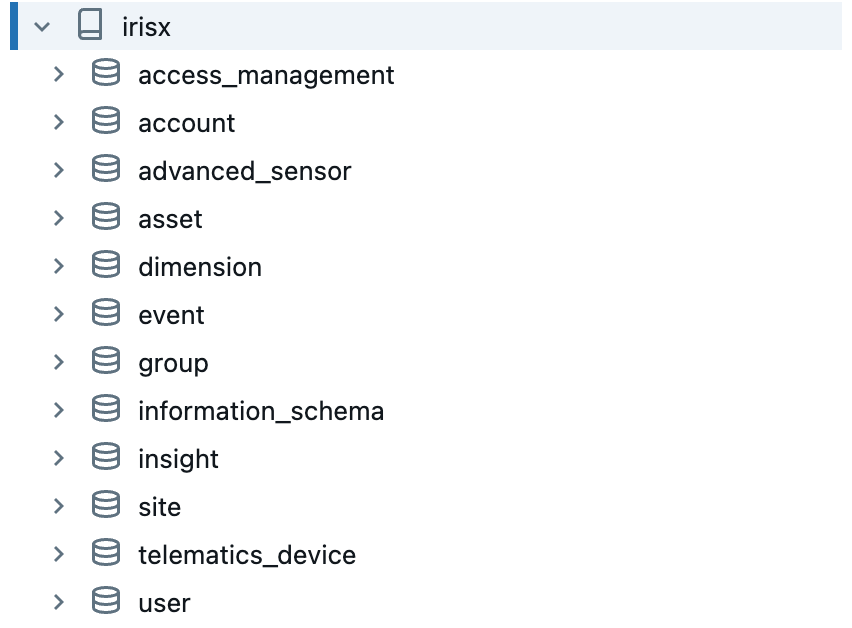 Overview of schemas in the irisx catalog. Each schema contains multiple tables with data.