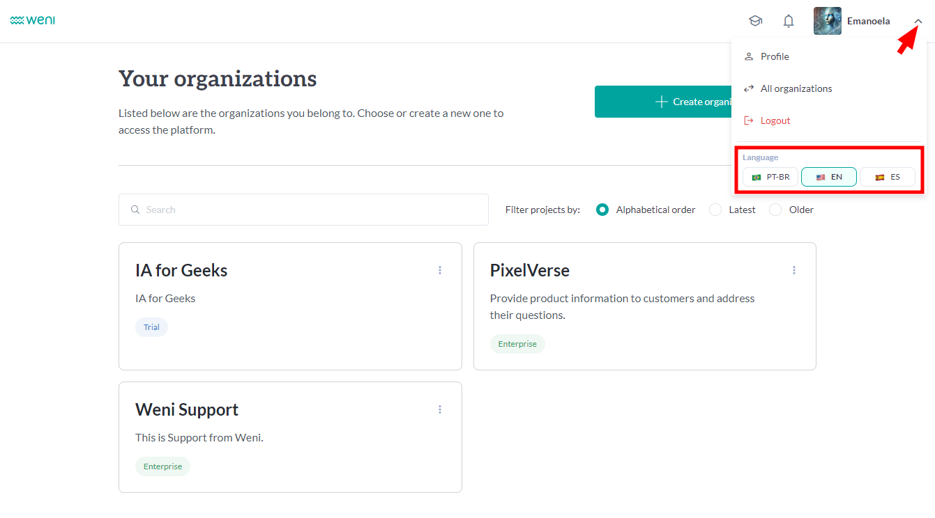 {"base64":"  ","img":{"width":1341,"height":744,"type":"png","mime":"image/png","wUnits":"px","hUnits":"px","length":64883,"url":"https://raw.githubusercontent.com/vtexdocs/help-center-content/refs/heads/main/docs/en/tutorials/weni-by-vtex/weni-by-vtex-overview/changing-the-platform-language_1.png"}}