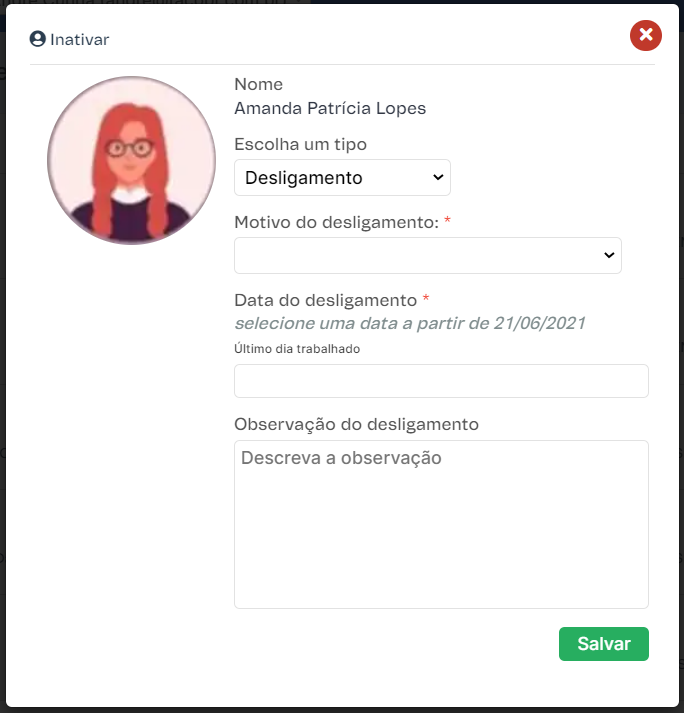 Tela de desligamento do gerente na plataforma Indeva