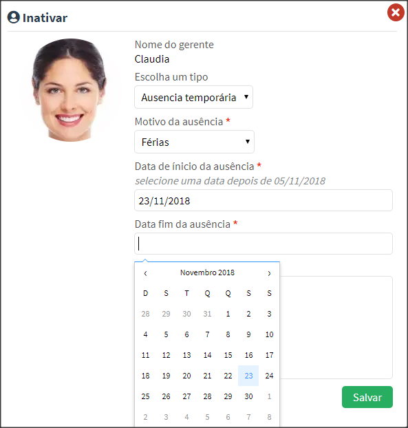 Tela com opções de ações no cadastro de gerentes