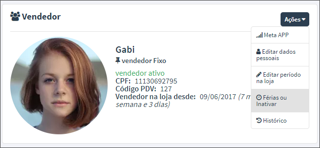 Tela com opções de ações no cadastro de vendedores