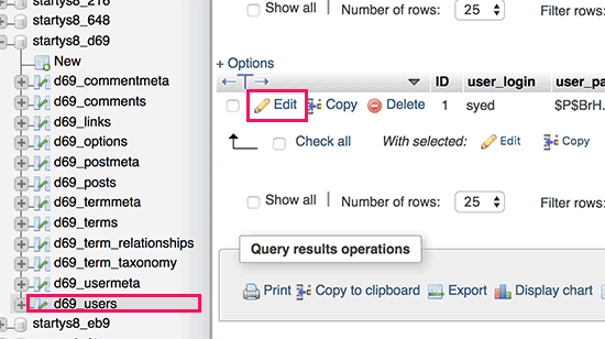 sửa tài khoản người dùng trong phpMyAdmin