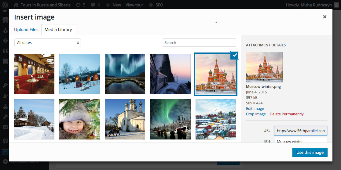 WordPress media uploader popup with the image selected