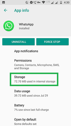 WhatsApp storage in phone settings