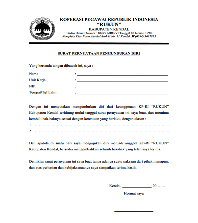 Contoh Surat Permohonan Pengunduran Diri Dari Anggota Koperasi