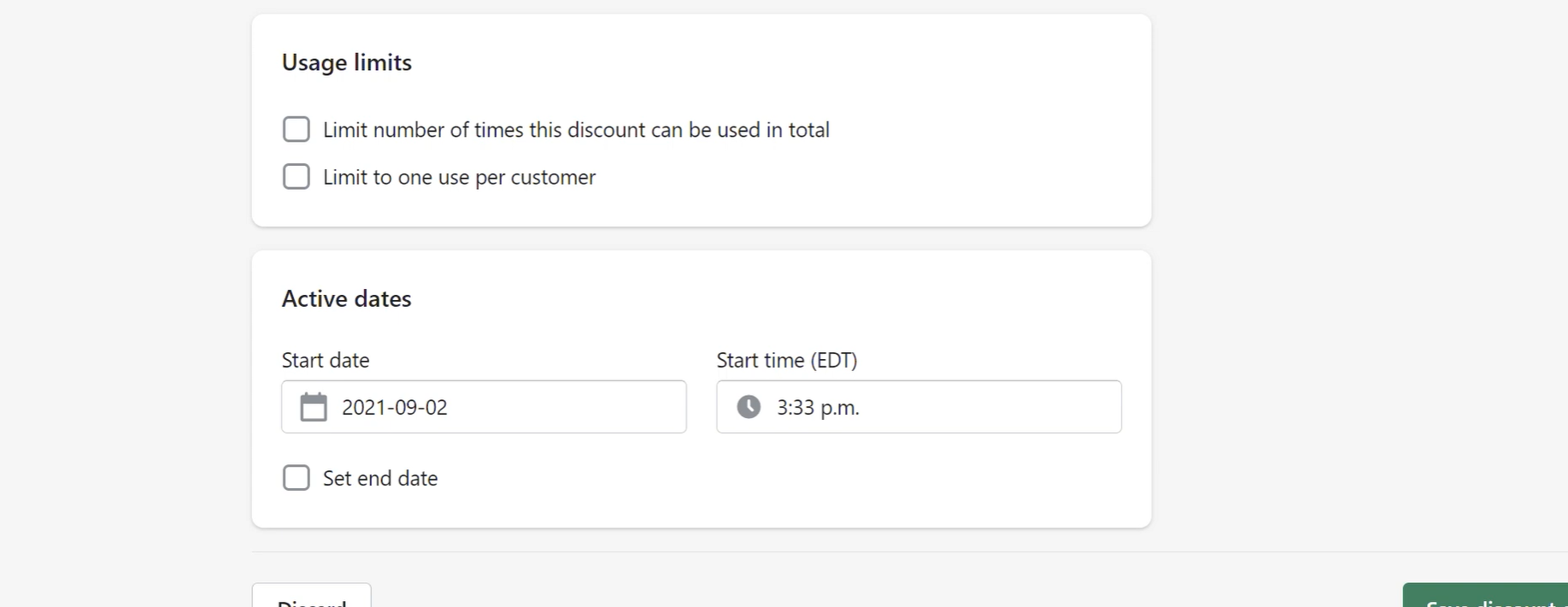setting a start date for a discount in Shopify's back end