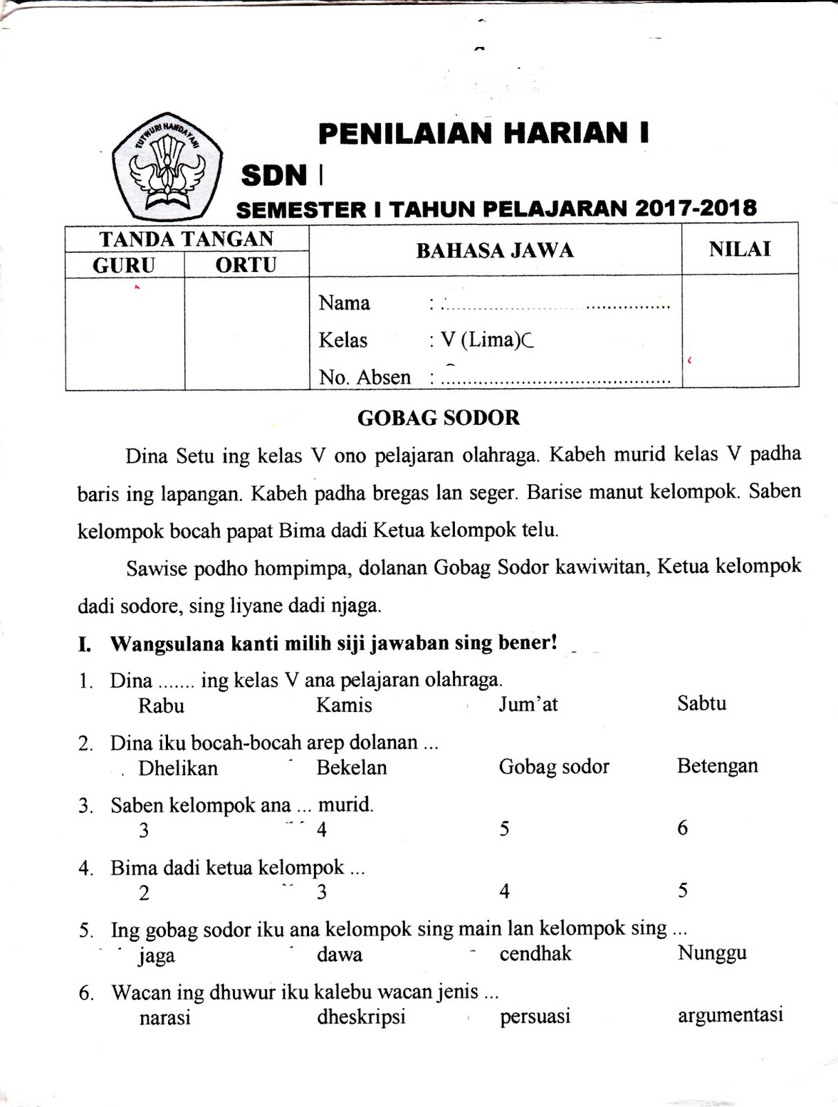Kd Bahasa Jawa Kelas 1 Sd Semester 2 - Guru Paud
