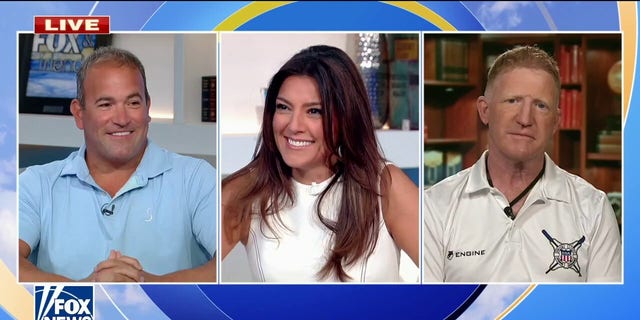 David Plotkin, left, "Fox and Friends Weekend" co-host Rachel Campos-Duffy, and lead lifeguard James Ryan discussed how lifesaving measures such as CPR can help blood flow in case of collapse.