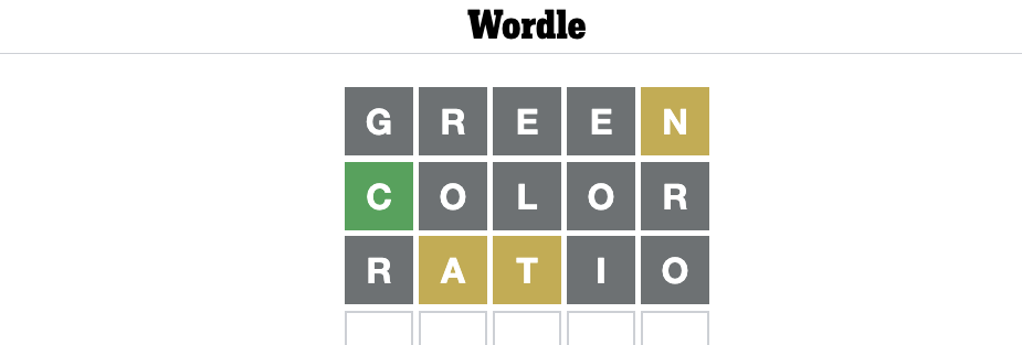 Wordle game screenshot with 3 guesses: Green, Color, Ratio