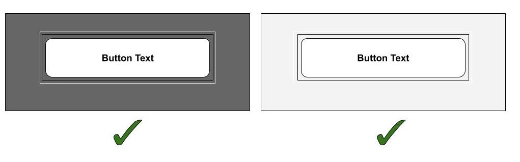 On the left, a white button on a dark grey background is surrounded by one white and one black focus outline. The white outline has sufficient contrast with the dark grey background. On the right, a white button on a light grey background is also surrounded by black and white focus outlines. In this case, the black outline has sufficient contrast with the light grey background.