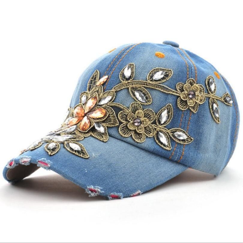 Women's denim cap with flower embroidery