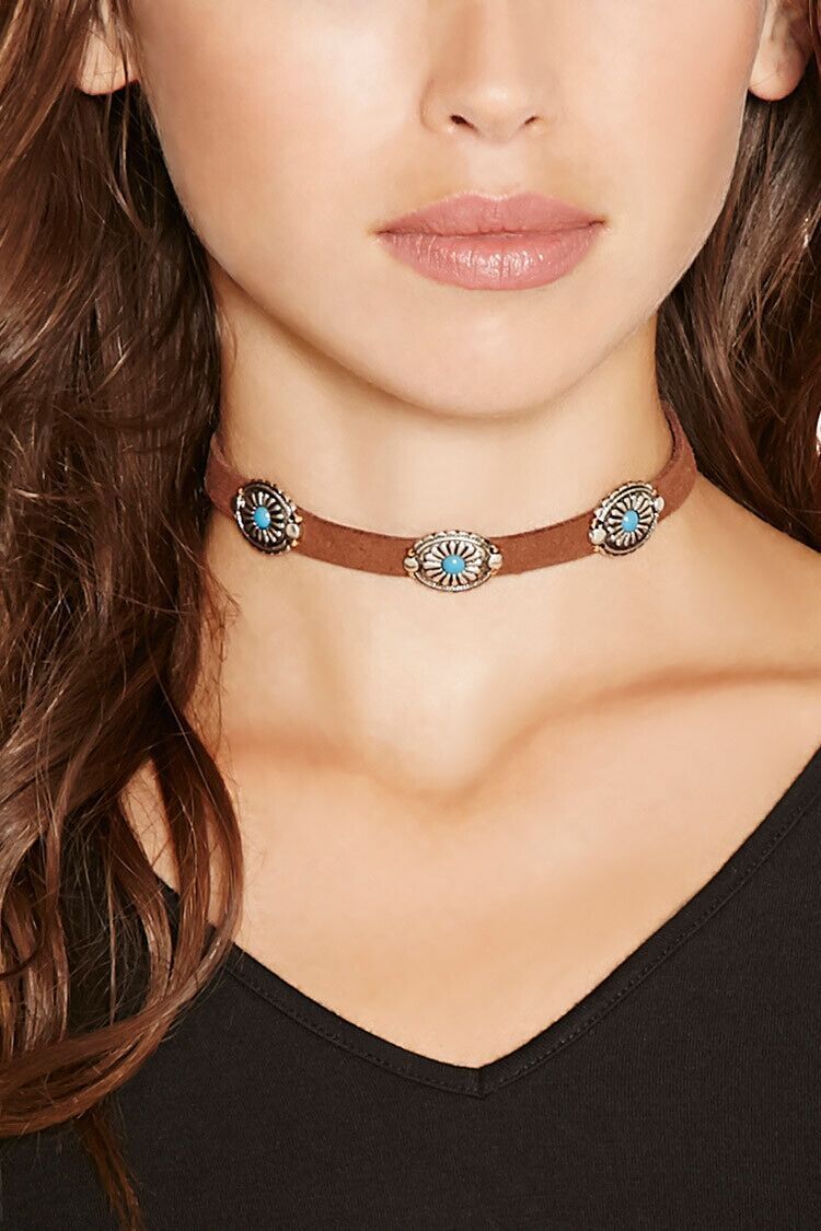 Turquoise metal flower retro necklace