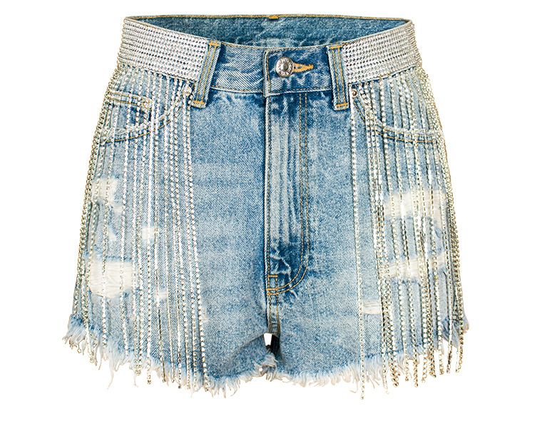 High-waisted jean shorts with bangs and rhinestones