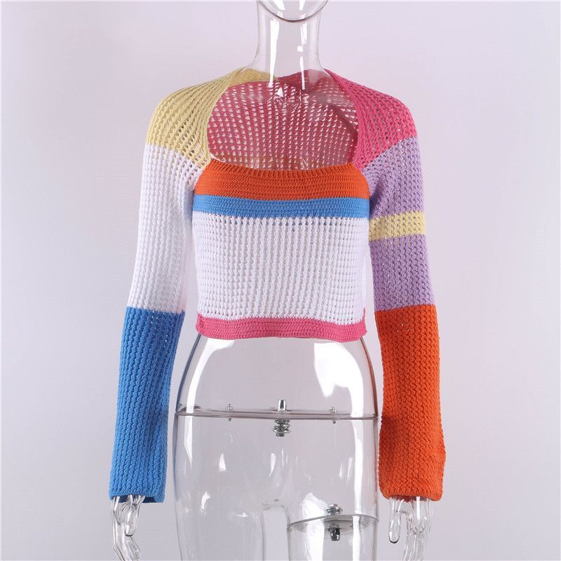Women's long-sleeved multicolored knitted crop top