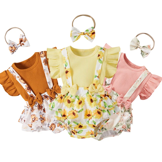 Newborn Kids Baby Girls 3PCS Sets Floral Printed Clothes Knitted T shirt Tops Suspenders  6