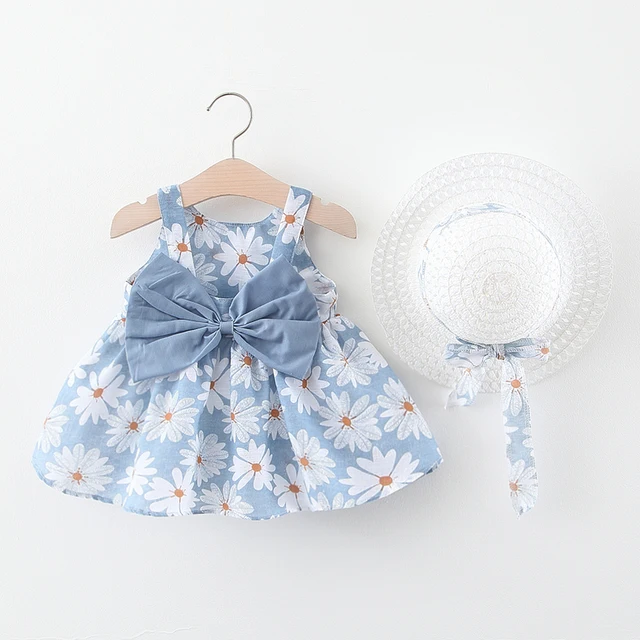Baby Girl Dress 2020 Summer Bow Print Dress With Hat 2 piece Baby Clothes Suits Bohemia  2