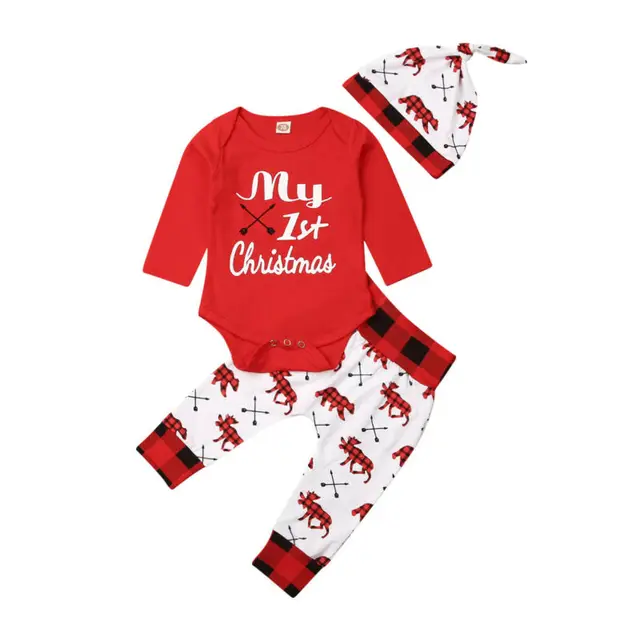 New Lovely Baby Boy My First Christmas Letter Romper Kids Pant Newborn Hat Boys  4