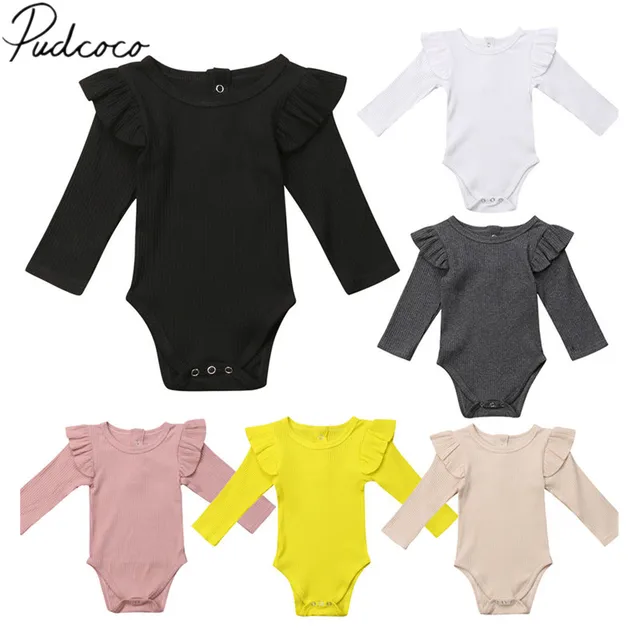2020 Brand New Newborn Infant Kids Baby Girls Boys Autumn Causal Bodysuits Ruffles Long Sleeve Solid Warm Jumpsuits Outfit 0-24M 1