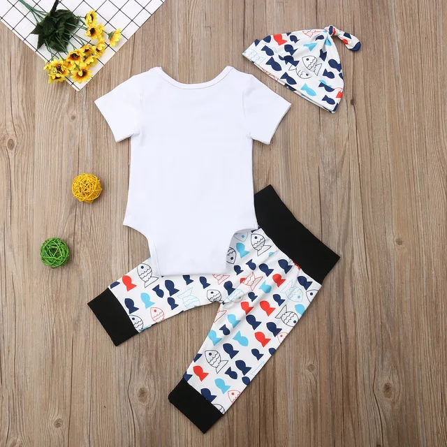 New 3Pcs Newborn Baby Boy Tops Fish Romper Bodysuit Jumpsuit Pants Hat Outfits Summer  5