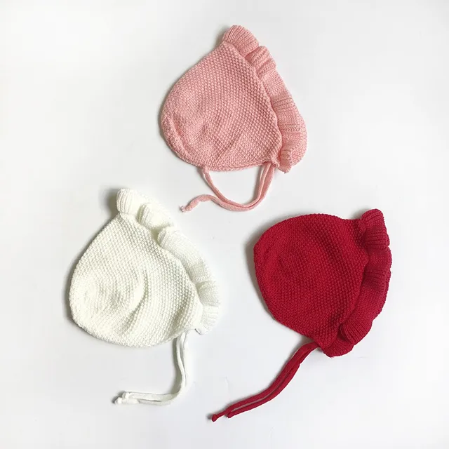 Spring Newborn Baby Hats Handmade Wool Ear Knitting Hats Monolayer Lotus Leaf Yarn  2
