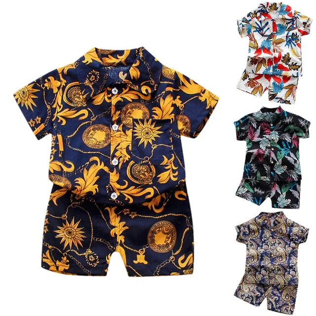 Baby Boys Floral Printed Clothes Set Summer Short Sleeve Shirt Top+Pants 2Pcs Gentelman 1 2 3 4 5 Year Kids Clothing Outfit 1