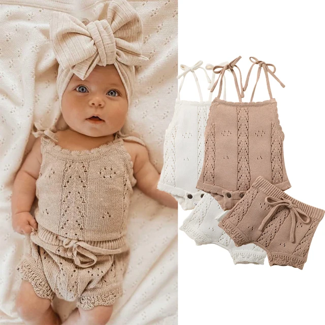 Kids Baby Summer Clothes for Newborn Baby Boys Girls Solid Lace-up Knitted Backless Rompers+Drawstring Shorts Beach Outfits Sets 1