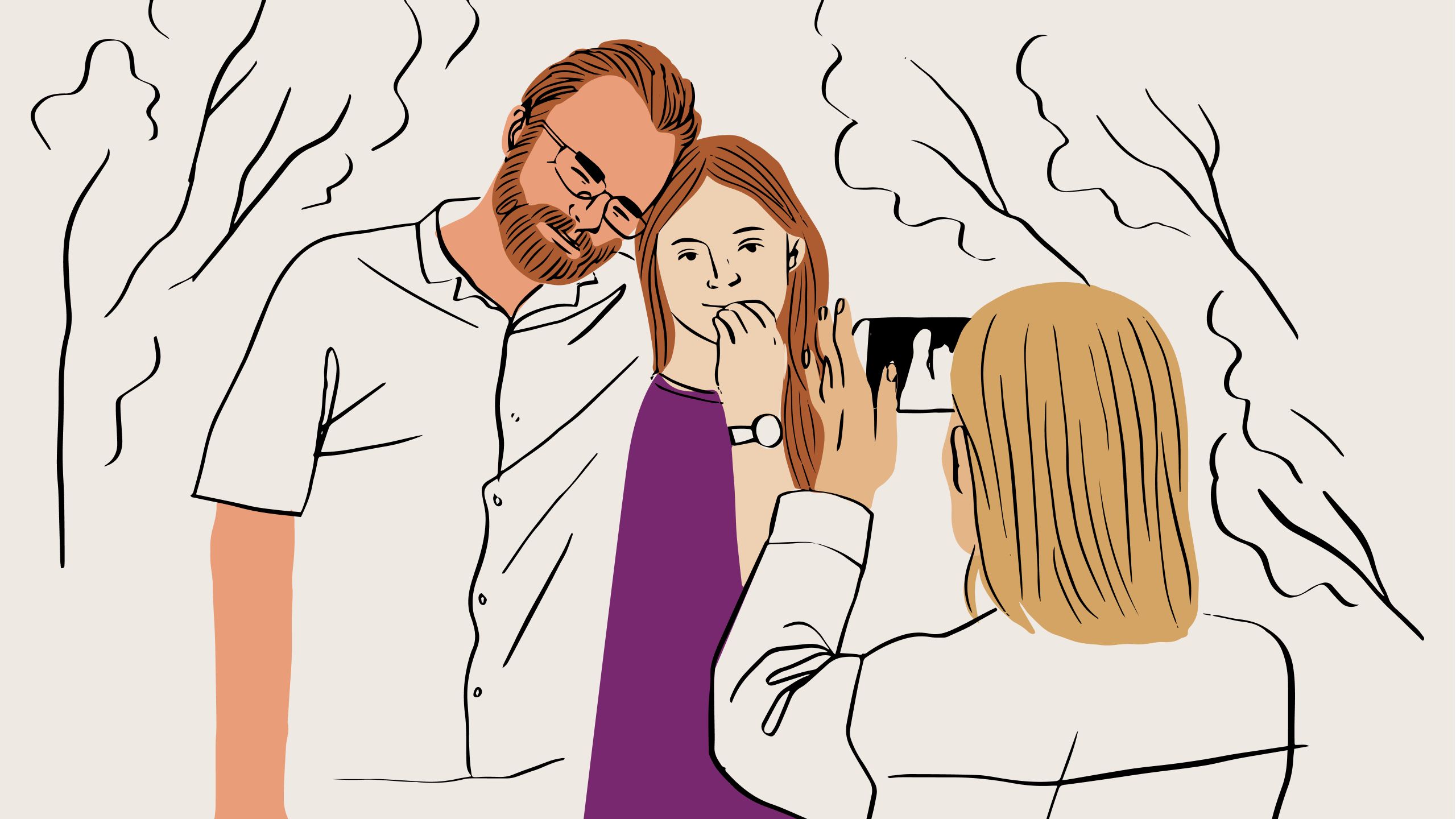 An illustration of a person taking a photo of a couple using a mobile phone