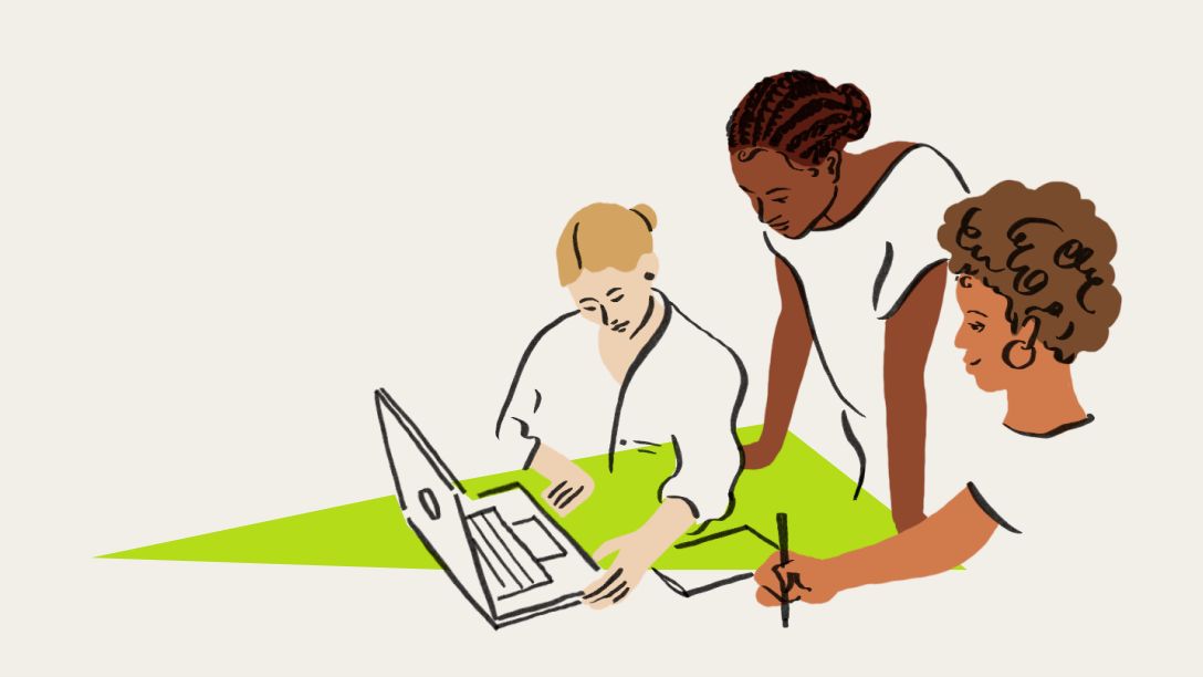 An illustration of a three people at a table gathered around a laptop