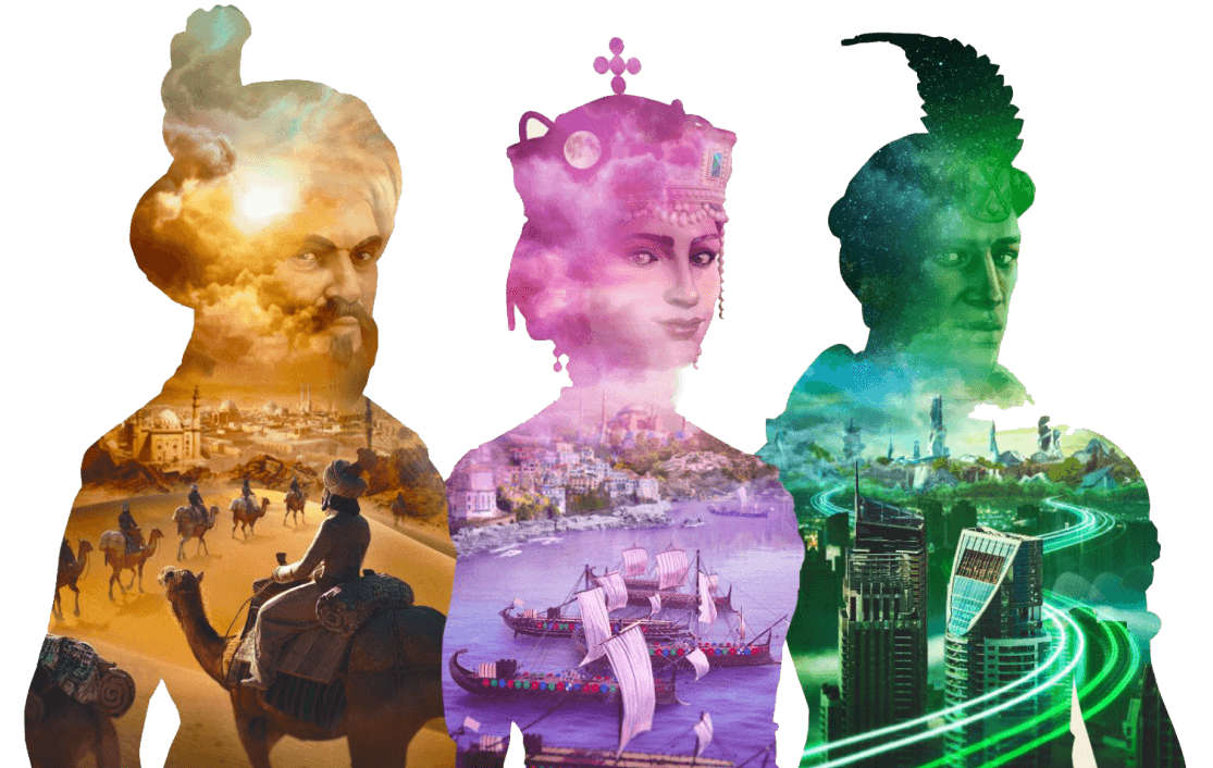 The Ara: History Untold key art, featuring three leaders made up of different eras of history standing side by side. width=1115 height=706 