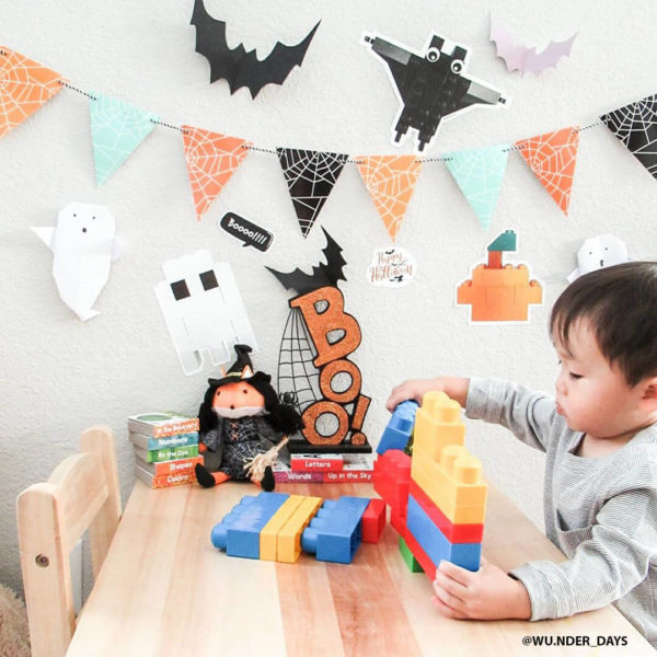 Fall Halloween Wall Decals - Lego brick themed bat, ghost and pumpkin