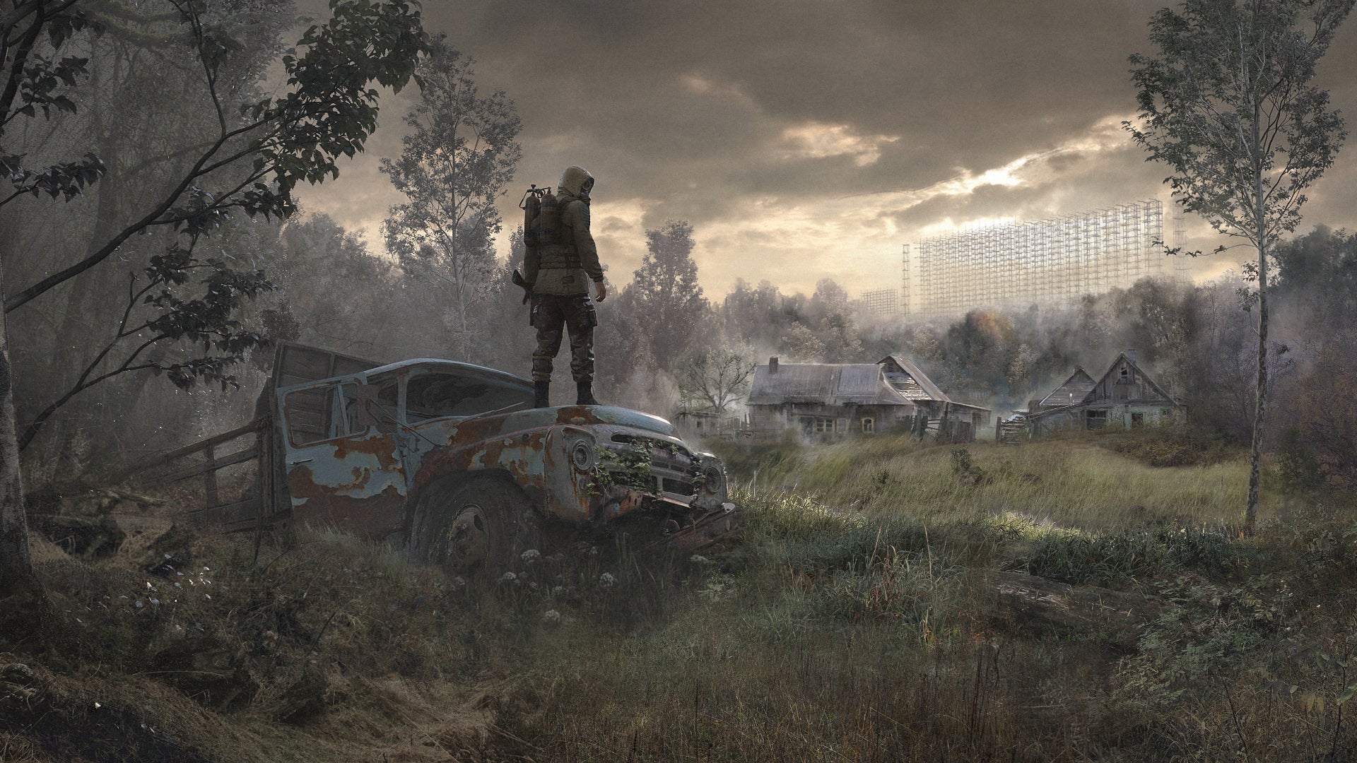 Stalker 2: Heart of Chornobyl artwork depicts a player standing atop a car by what we can assume to be the Chernobyl Exclusion Zone, or nearby.