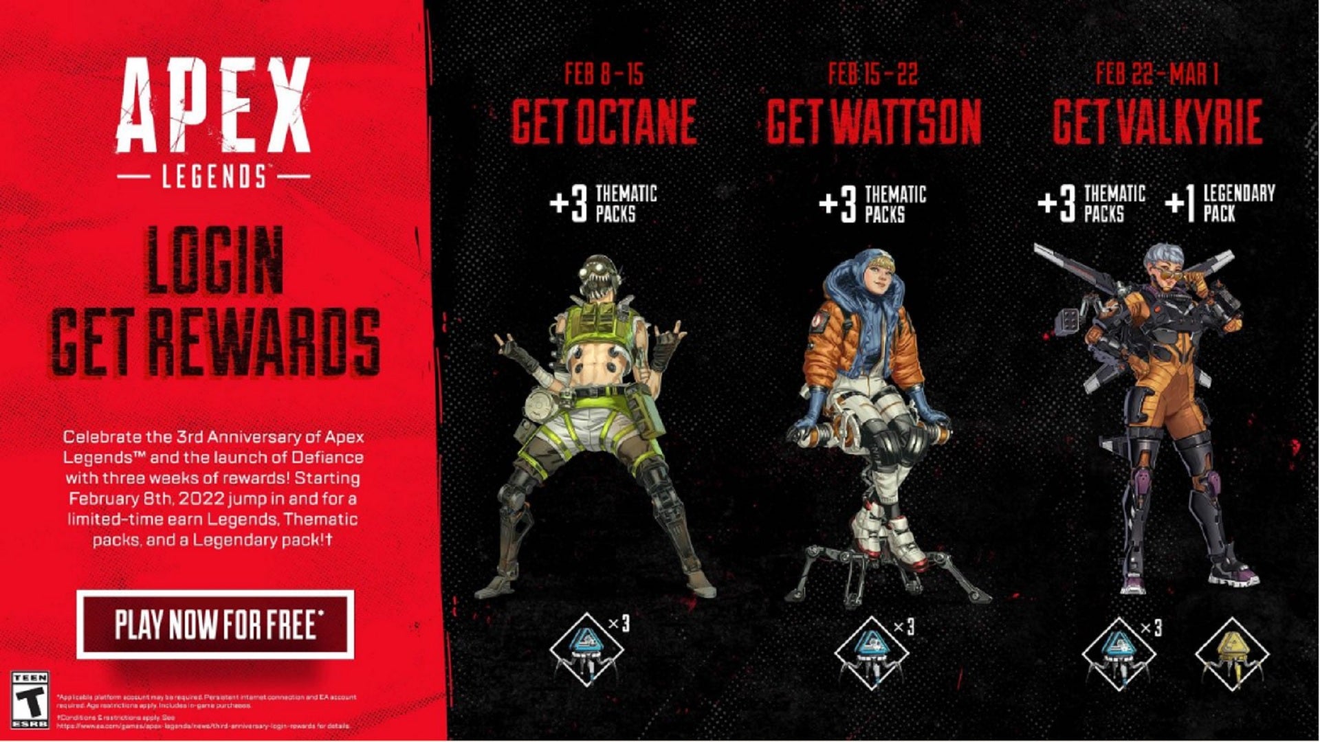 Image for Apex Legends three-year anniversary rewards players free packs and Legends through February