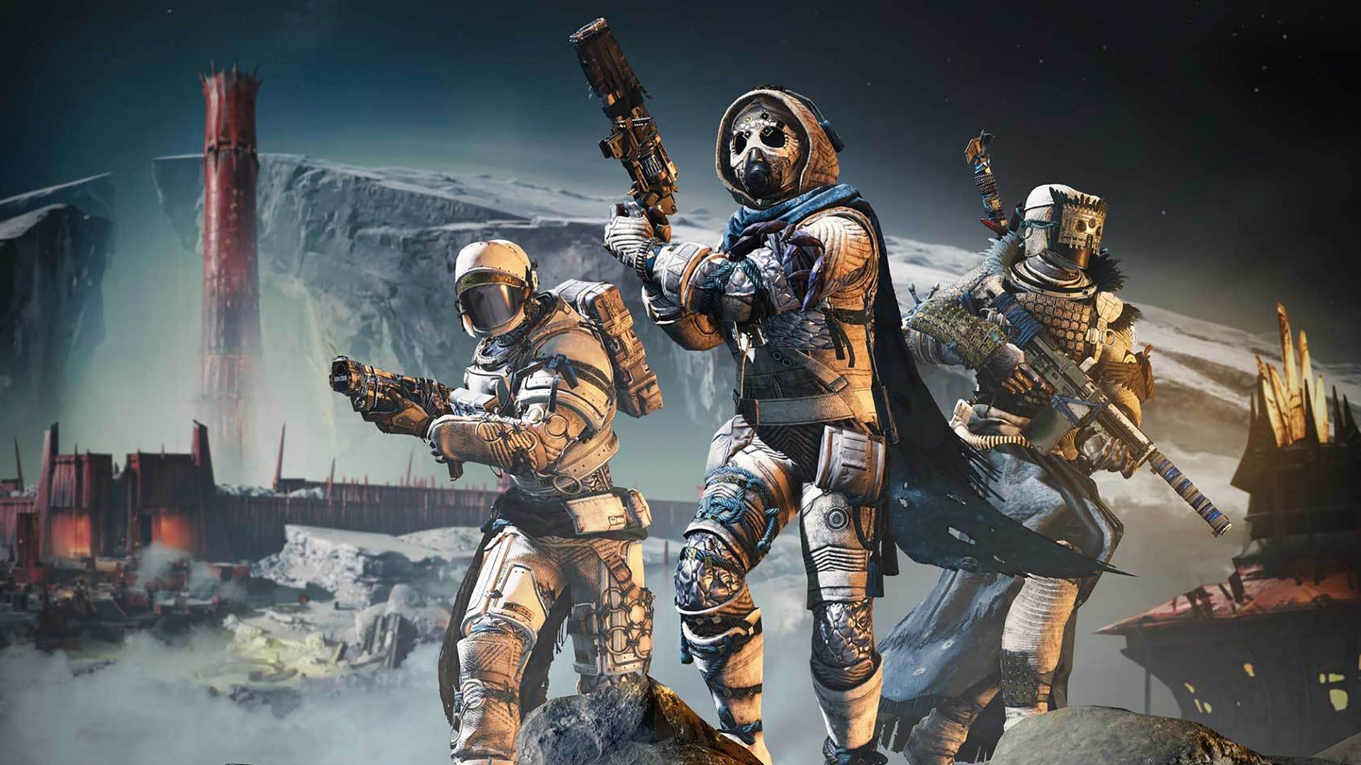 Three guardians on the moon in Destiny 2.