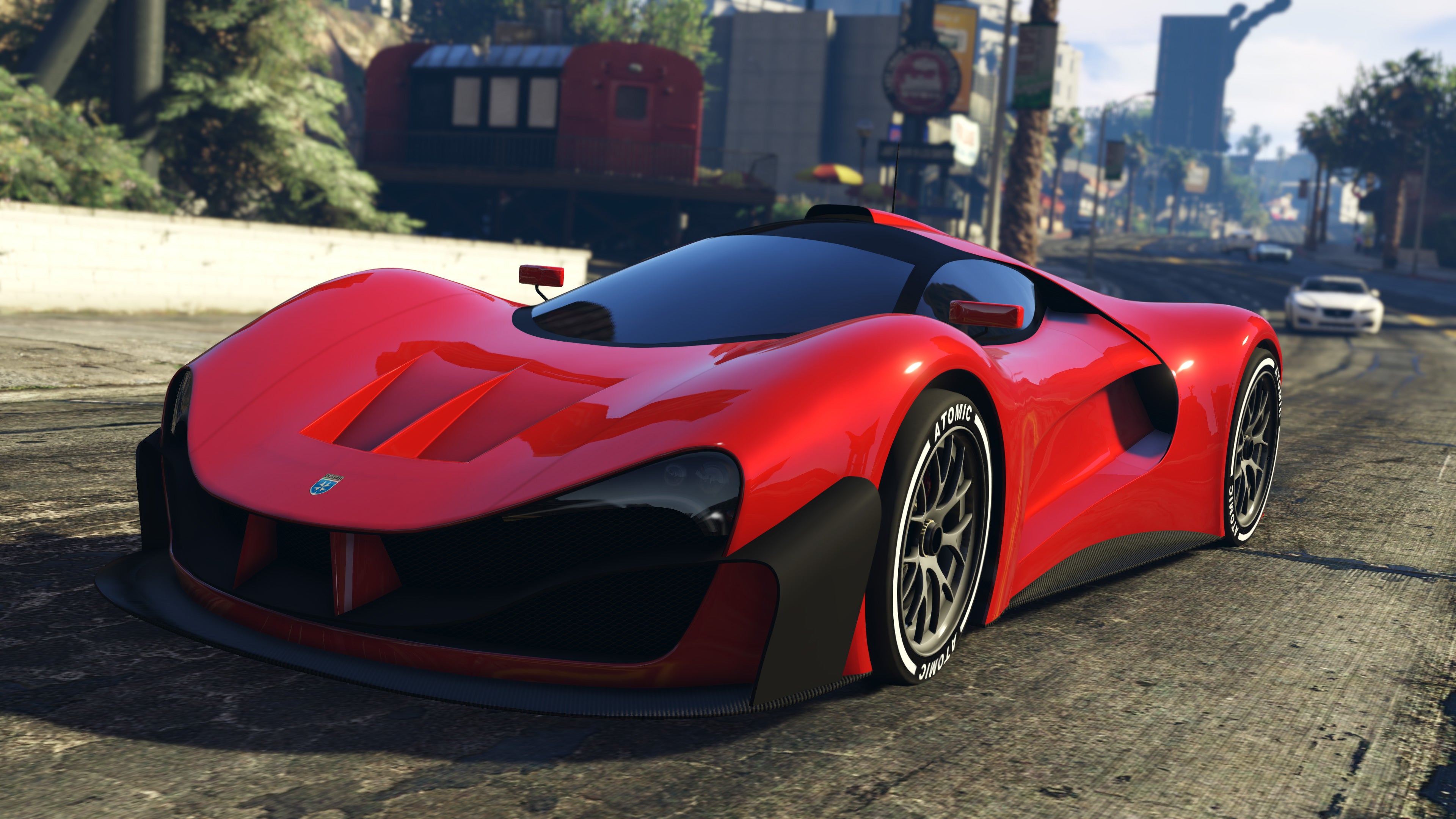 A fast car racing down the highway in GTA Online.