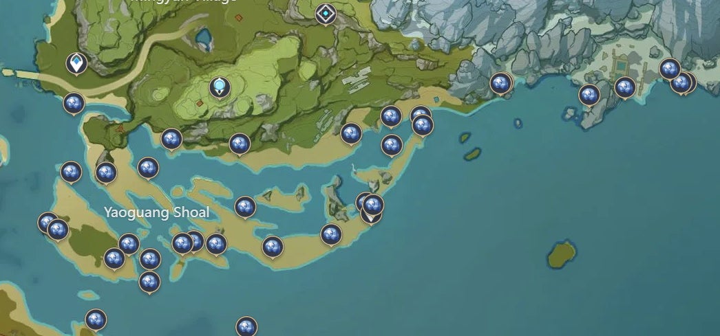 A map showing all Starconch locations in Liyue's Yaoguang Shoal area.