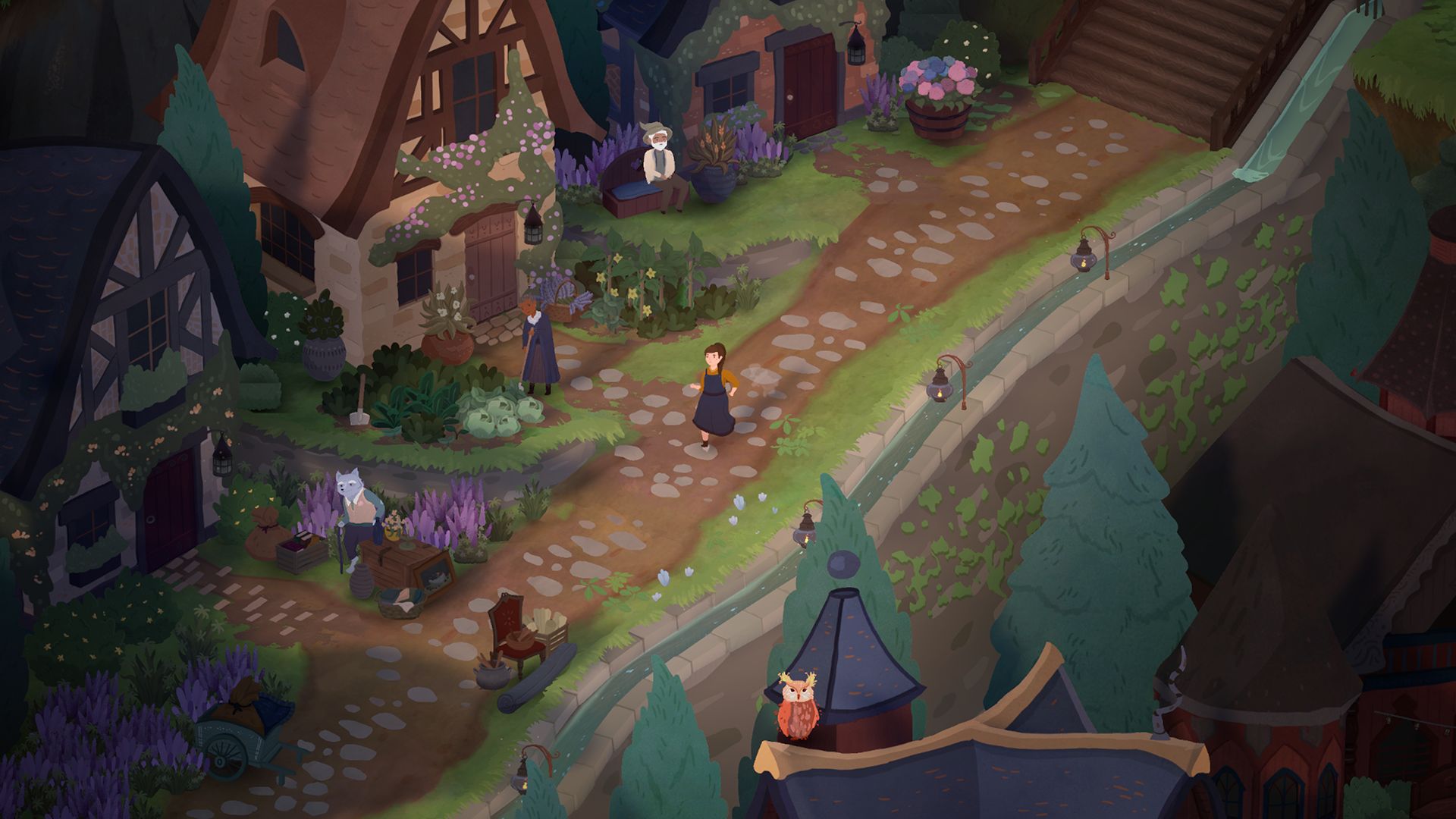 A screenshot from Songs Of Glimmerwick showing the protagonist walking down a quaint cobbled village street