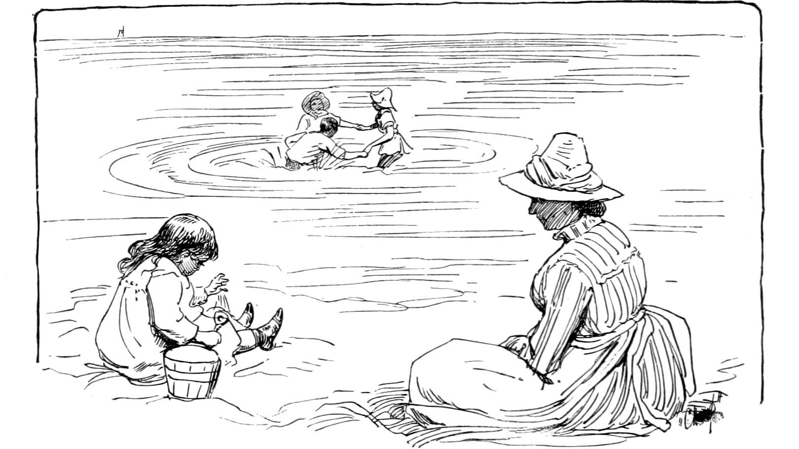 People at a beach playing in the sand and splashing in the water in an illustration from 'Three Vassar Girls on the Rhine'.