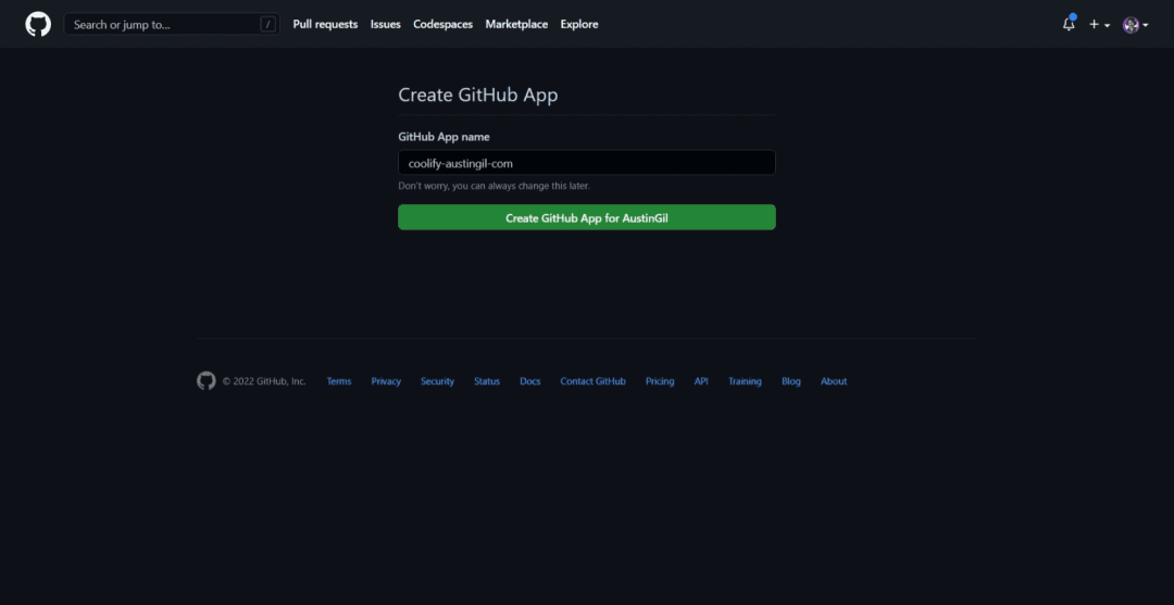 GitHub's "Create GitHub App" screen with the name prefilled as "coolify-austingil-com"