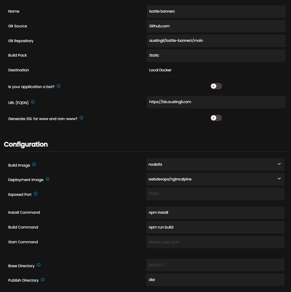 Coolify application configuration screen. These settings have been changed from the default: Name - Battle Bannerz; URL - https://bb.austingil.com/; Build image - node:lts; Install command - npm install; Build command - npm run build; Publish directory - dist