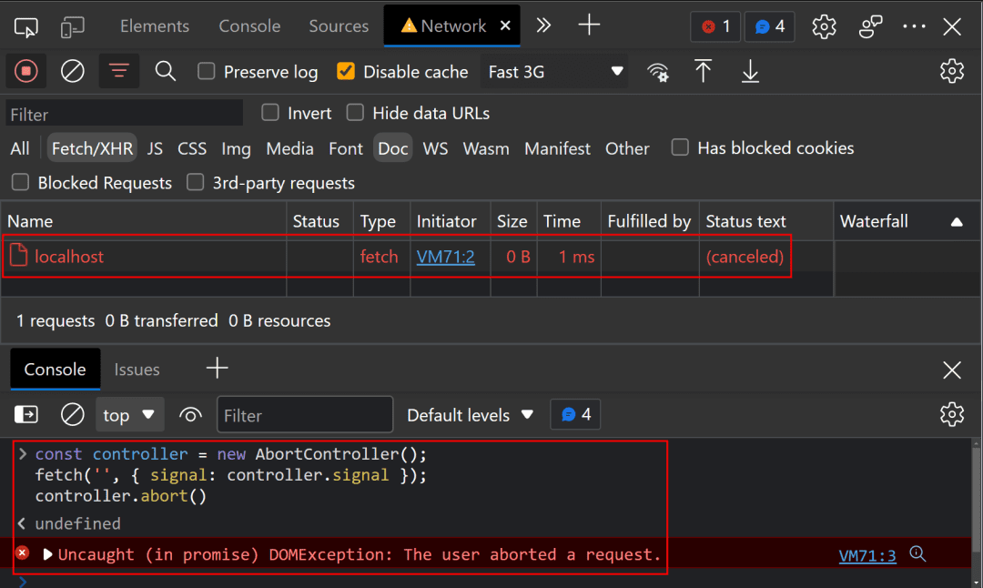 The Chrome dev tools opened to the network with the JavaScript console open. In the console is the code "const controller = new AbortController();fetch('', { signal: controller.signal });controller.abort()", followed by the exception, "Uncaught (in promise) DOMException: The user aborted a request." In the network, there is a request to "localhost" with the status text "(canceled)"