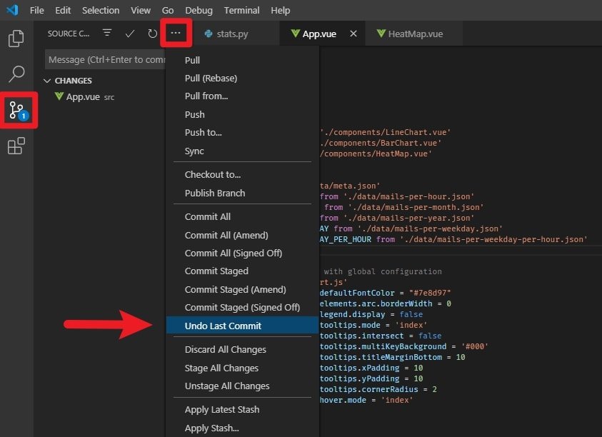 VS Code screenshot with steps to undo last commit