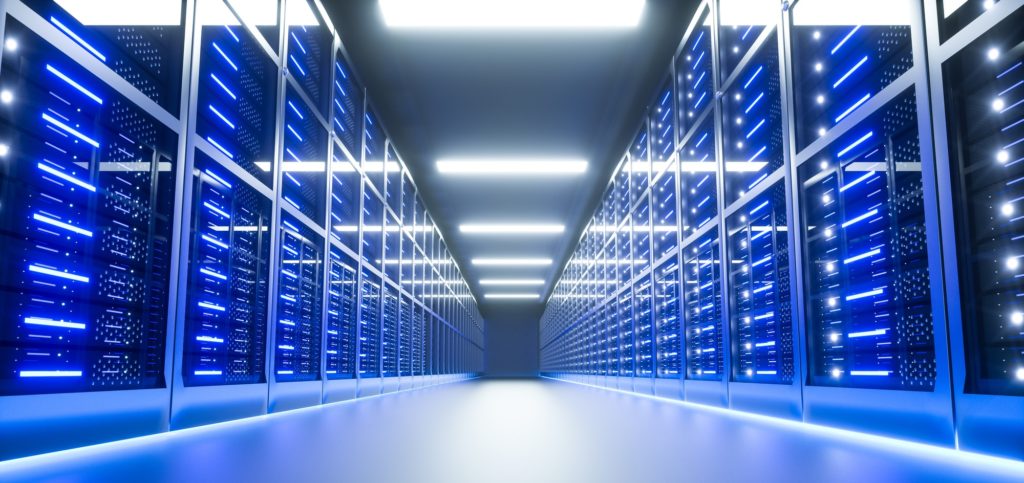 Intérieur de la salle des serveurs dans un centre de données. Rendu 3D