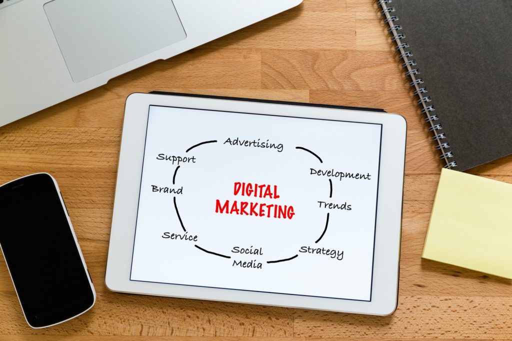 Mesa de trabalho com tablet digital mostrando o conceito de marketing digital
