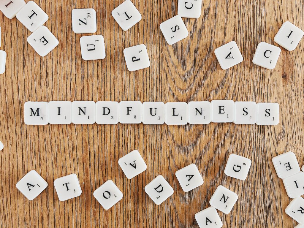 “Mindfulness” written with scrabble tiles