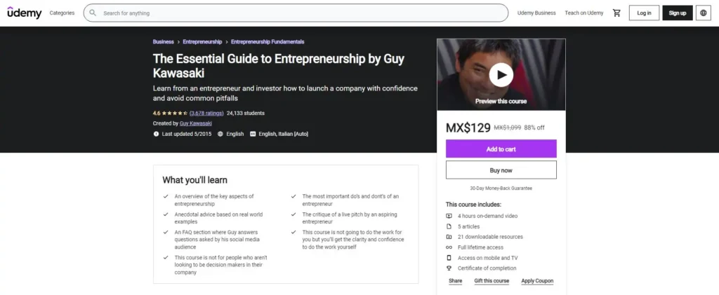 Udemy The essential guide to entrepreneurship by guy kawasaki