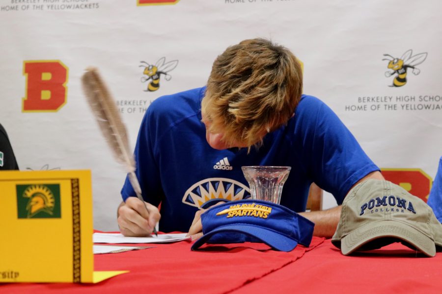 On November 13, at the BHS library, BHS senior Theo Hardy commits to playing baseball at San Jose State University. 