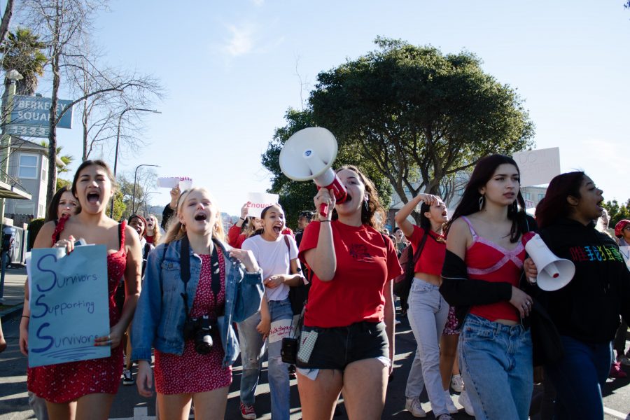 Berkeley High School students participate in walkout against sexual harm to the Office of the BUSD Superintendent in February 2020.